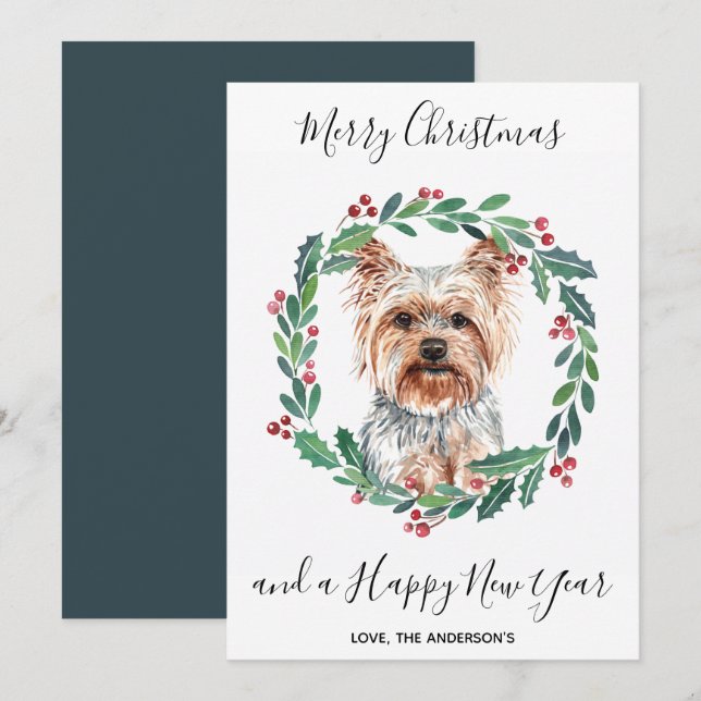Yorkshire Terrier Dog Elegant Merry Christmas Holiday Card (Front/Back)