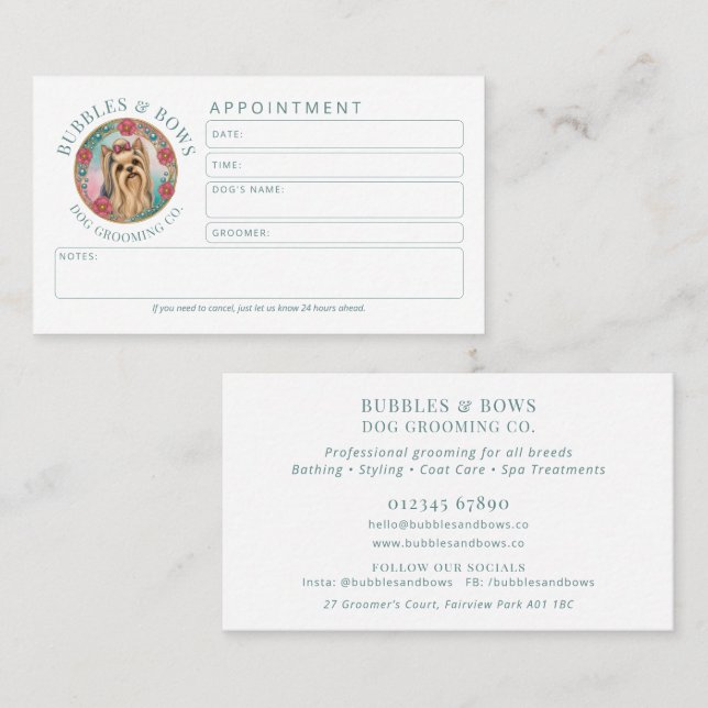 Yorkshire Terrier Dog Grooming Appointment Card (Front/Back)