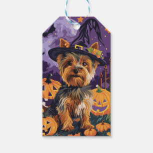 Yorkshire Terrier Dog Halloween Witch And Pumpkin Gift Tags