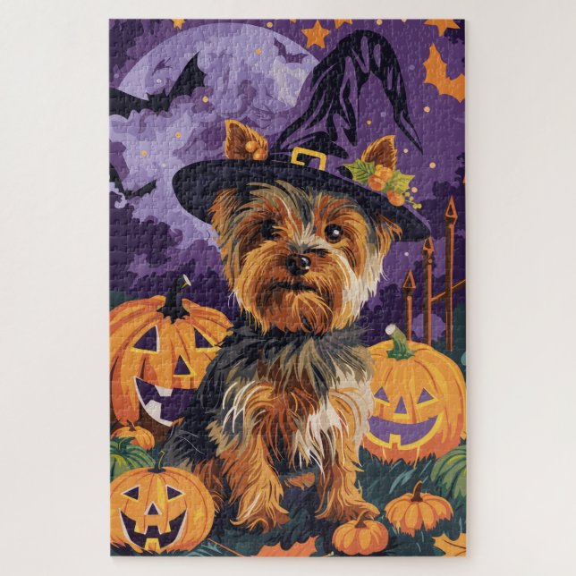 Yorkshire Terrier Dog Halloween Witch And Pumpkin  Jigsaw Puzzle (Vertical)