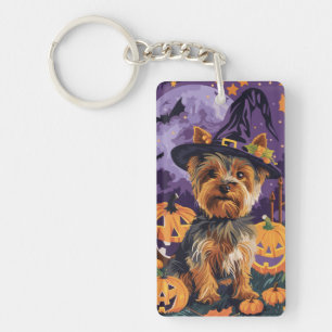Yorkshire Terrier Dog Halloween Witch And Pumpkin Key Ring