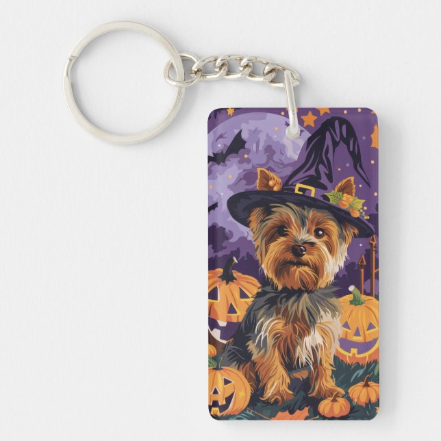 Yorkshire Terrier Dog Halloween Witch And Pumpkin  Key Ring (Front)