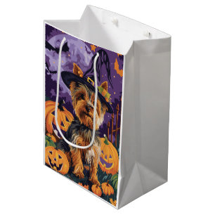 Yorkshire Terrier Dog Halloween Witch And Pumpkin Medium Gift Bag