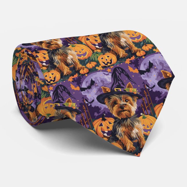 Yorkshire Terrier Dog Halloween Witch And Pumpkin  Tie (Rolled)