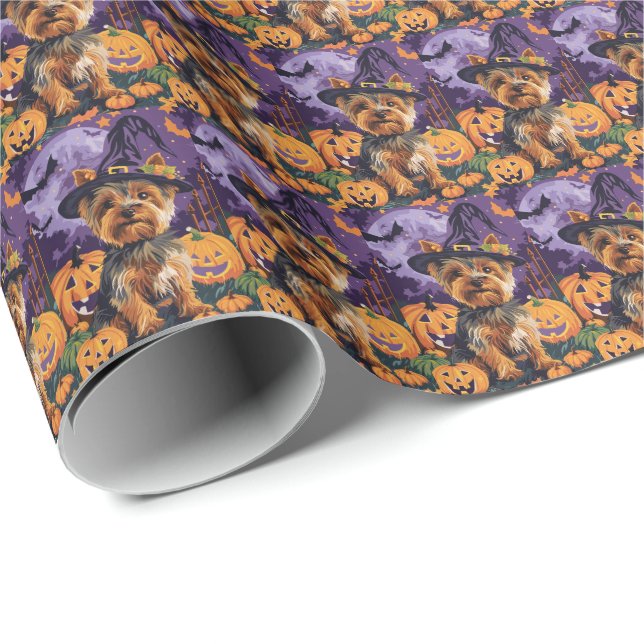 Yorkshire Terrier Dog Halloween Witch And Pumpkin  Wrapping Paper (Roll Corner)