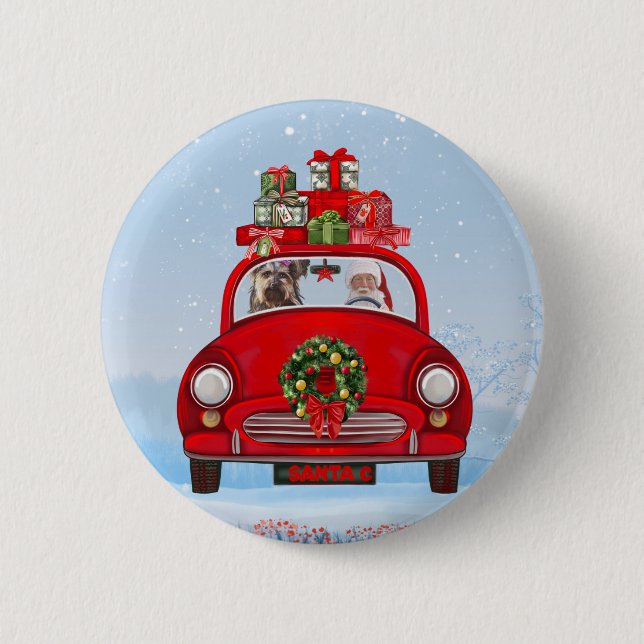 Yorkshire Terrier Dog In Car With Santa Claus  6 Cm Round Badge (Front)