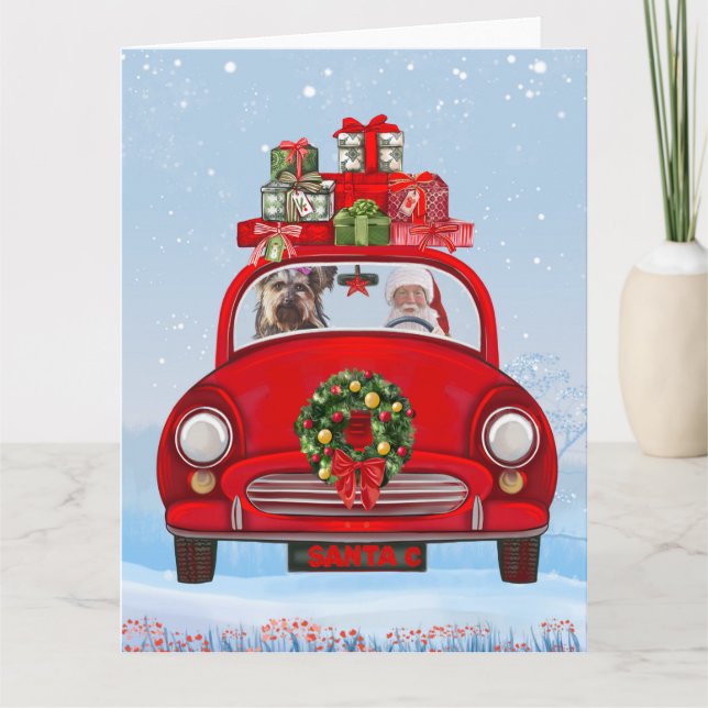 Yorkshire Terrier Dog In Car With Santa Claus Card (Front)