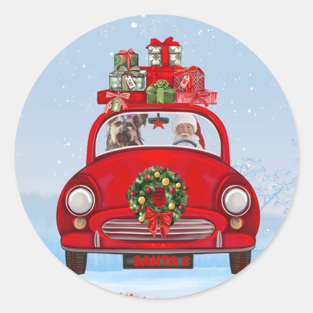 Yorkshire Terrier Dog In Car With Santa Claus  Classic Round Sticker (Front)