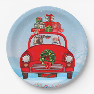 Yorkshire Terrier Dog In Car With Santa Claus Paper Plate