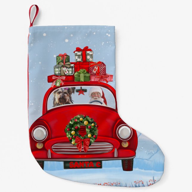Yorkshire Terrier Dog In Car With Santa Claus  Small Christmas Stocking (Front)