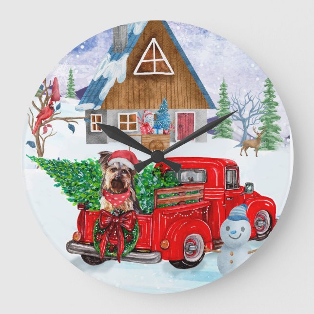 Yorkshire Terrier Dog In Christmas Delivery Truck Large Clock (Front)