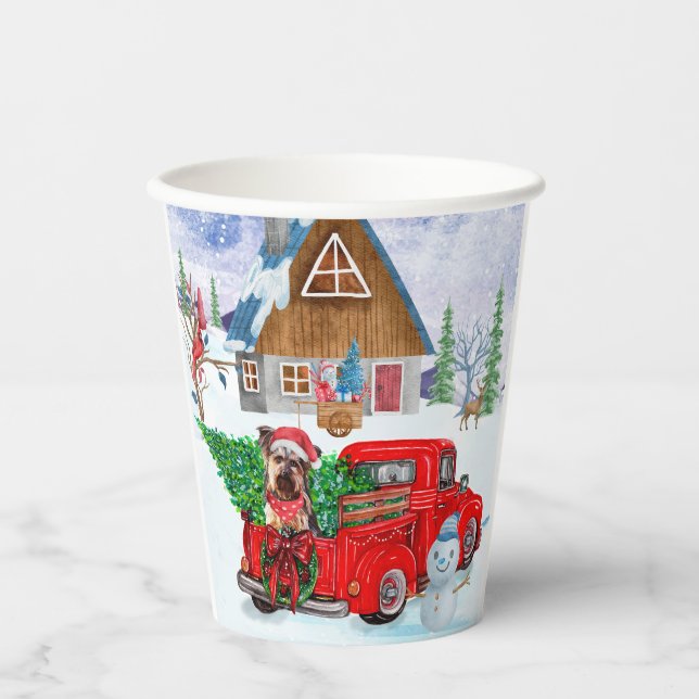 Yorkshire Terrier Dog In Christmas Delivery Truck Paper Cups (Front)