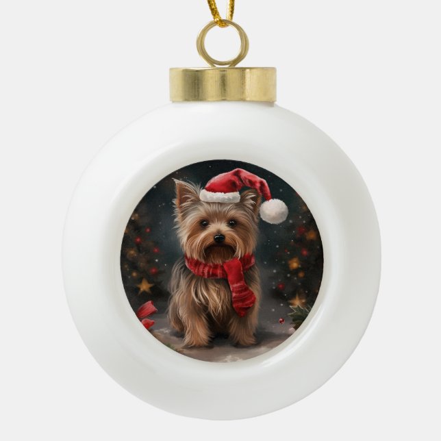 Yorkshire Terrier Dog in Snow Christmas Ceramic Ball Christmas Ornament (Front)