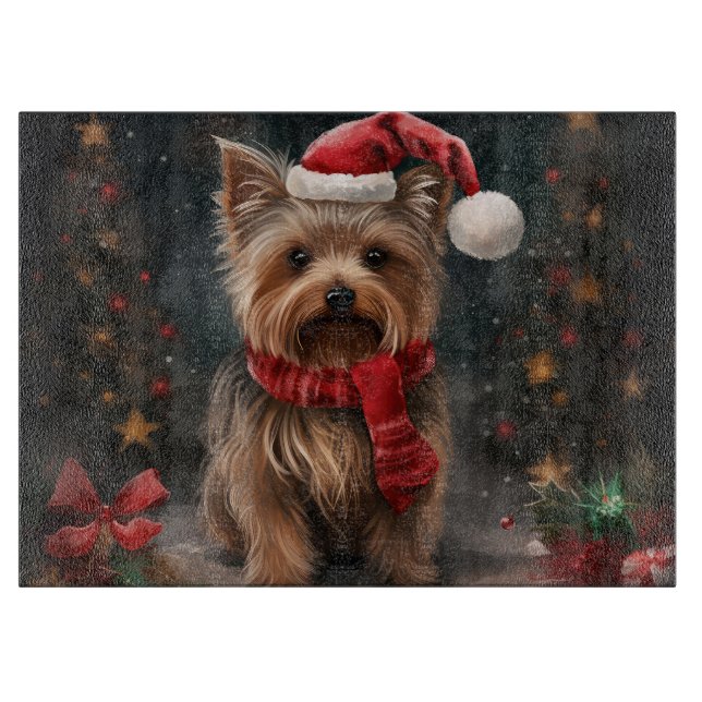 Yorkshire Terrier Dog in Snow Christmas Cutting Board (Front)