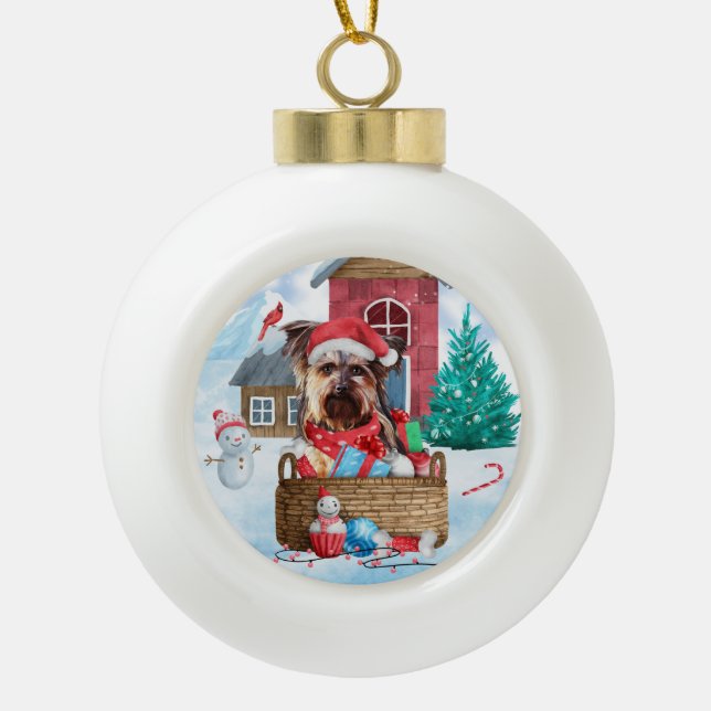 Yorkshire Terrier Dog In snow Christmas Dog House  Ceramic Ball Christmas Ornament (Front)