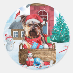 Yorkshire Terrier Dog In snow Christmas Dog House Classic Round Sticker