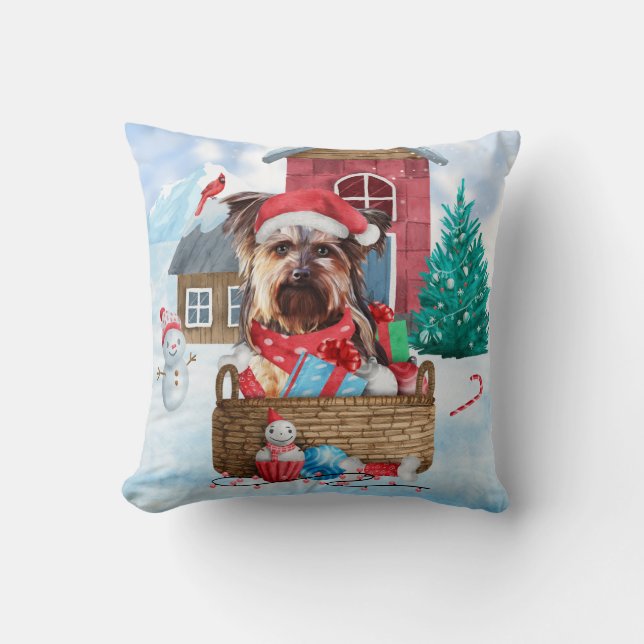 Yorkshire Terrier Dog In snow Christmas Dog House Cushion (Front)