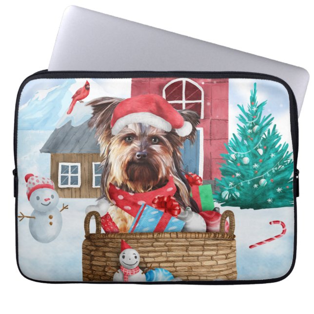 Yorkshire Terrier Dog In snow Christmas Dog House Laptop Sleeve (Front)