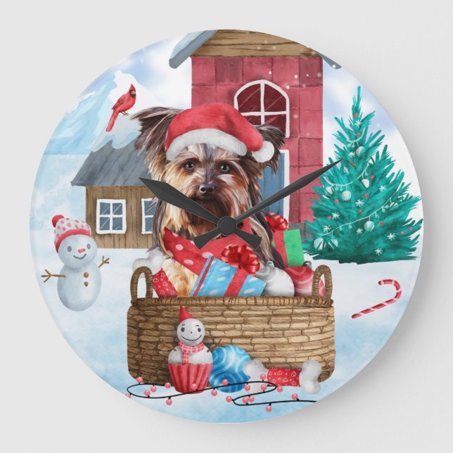 Yorkshire Terrier Dog In snow Christmas Dog House Large Clock (Front)