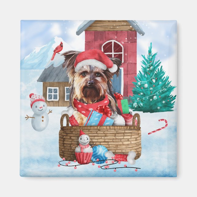 Yorkshire Terrier Dog In snow Christmas Dog House  Magnet (Front)