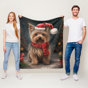 Yorkshire Terrier Dog in Snow Christmas Fleece Blanket