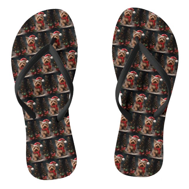 Yorkshire Terrier Dog in Snow Christmas Flip Flops (Footbed)