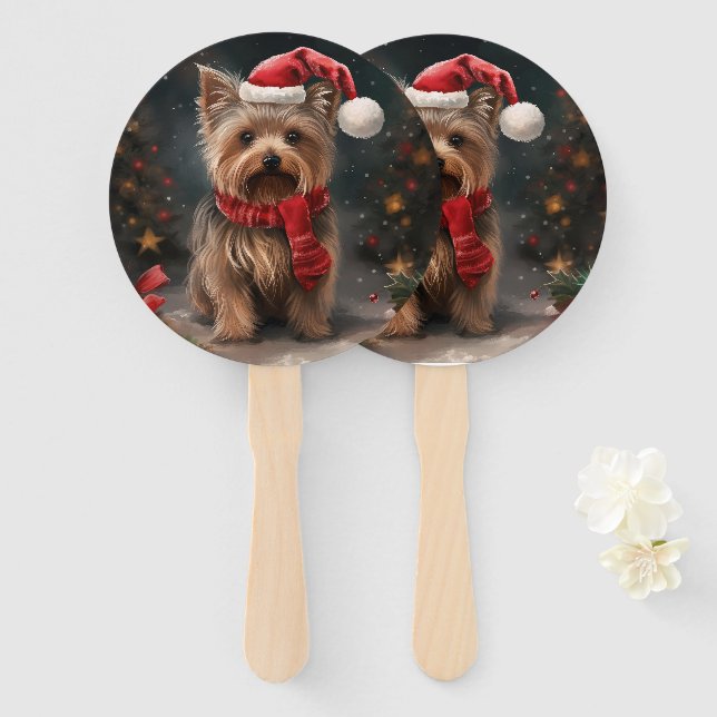 Yorkshire Terrier Dog in Snow Christmas Hand Fan (Front and Back)