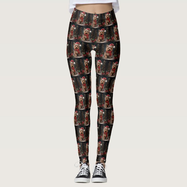 Yorkshire Terrier Dog in Snow Christmas Leggings (Front)