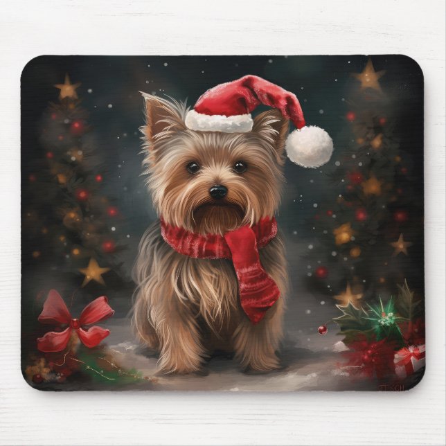Yorkshire Terrier Dog in Snow Christmas Mouse Mat (Front)