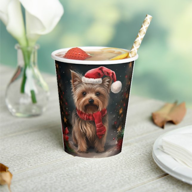 Yorkshire Terrier Dog in Snow Christmas Paper Cups (Insitu)