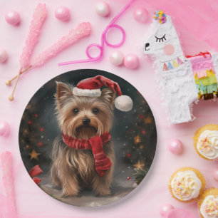 Yorkshire Terrier Dog in Snow Christmas Paper Plate