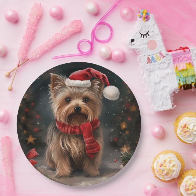 Yorkshire Terrier Dog in Snow Christmas Paper Plate (Party)