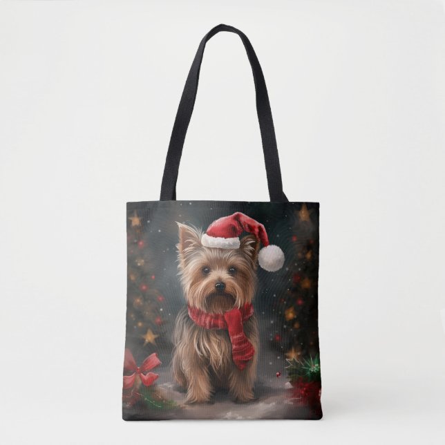 Yorkshire Terrier Dog in Snow Christmas Tote Bag (Front)