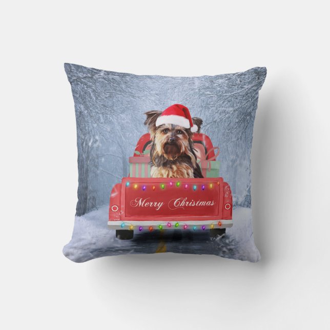 Yorkshire Terrier Dog in Snow sitting in Christmas Cushion (Front)