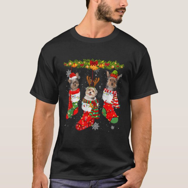Yorkshire Terrier Dog In Socks Christmas Lights Sw T-Shirt (Front)