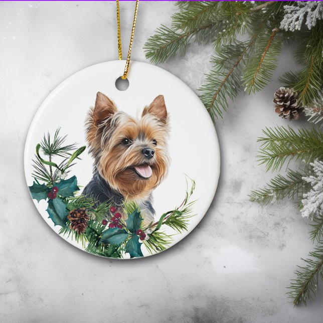 Yorkshire Terrier Dog Portrait Holly Wreath Ceramic Tree Decoration (Creator Uploaded)