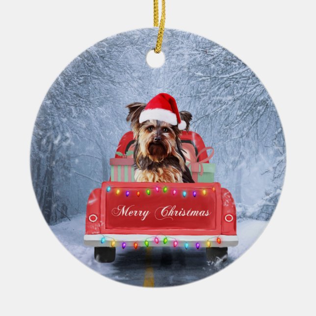  Yorkshire Terrier Dog Snow sitting in Christmas Ceramic Tree Decoration (Front)