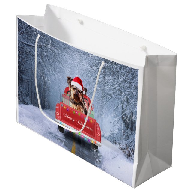  Yorkshire Terrier Dog Snow sitting in Christmas  Large Gift Bag (Front Angled)