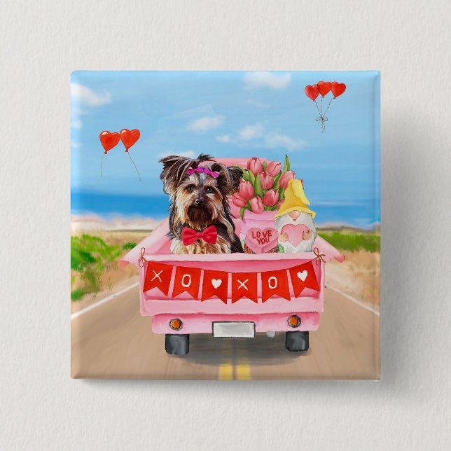 Yorkshire Terrier Dog Valentine's Day Truck Hearts 15 Cm Square Badge (Front)