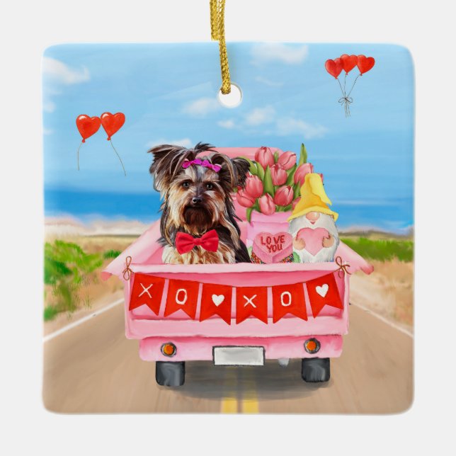 Yorkshire Terrier Dog Valentine's Day Truck Hearts Ceramic Ornament (Front)