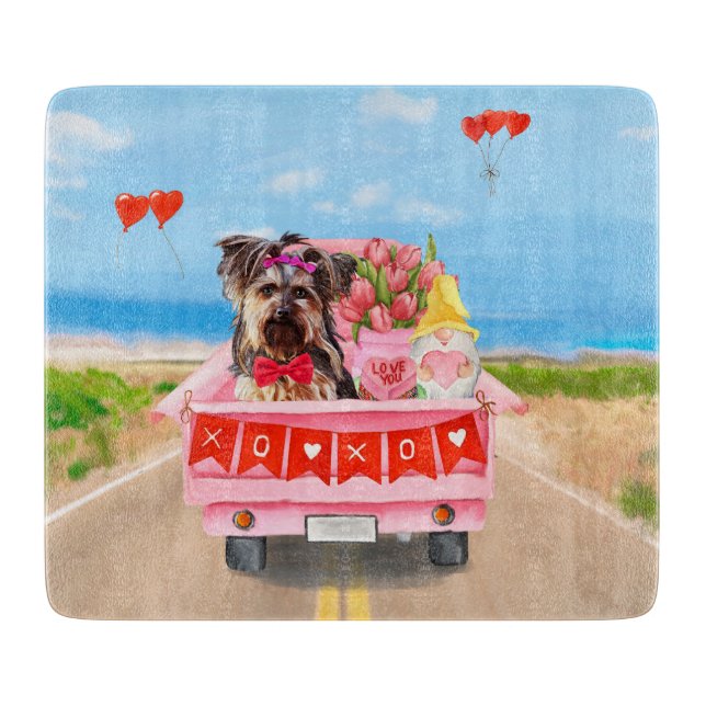 Yorkshire Terrier Dog Valentine's Day Truck Hearts Cutting Board (Front)