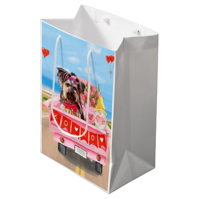 Yorkshire Terrier Dog Valentine's Day Truck Hearts Medium Gift Bag (Front Angled)