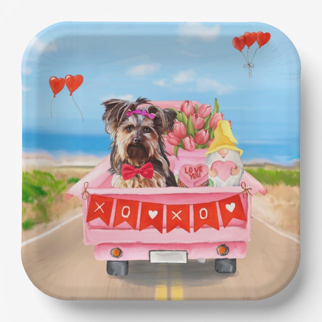 Yorkshire Terrier Dog Valentine's Day Truck Hearts Paper Plate (Front)