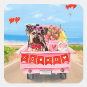 Yorkshire Terrier Dog Valentine's Day Truck Hearts Square Sticker