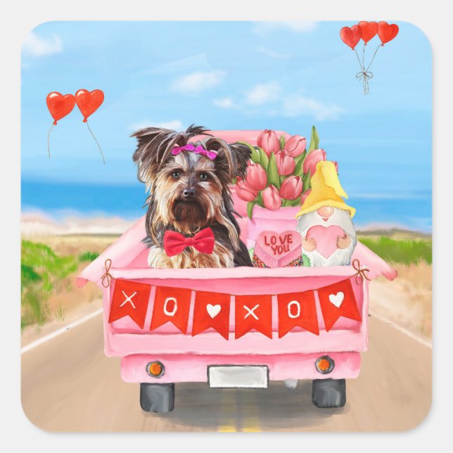 Yorkshire Terrier Dog Valentine's Day Truck Hearts Square Sticker (Front)