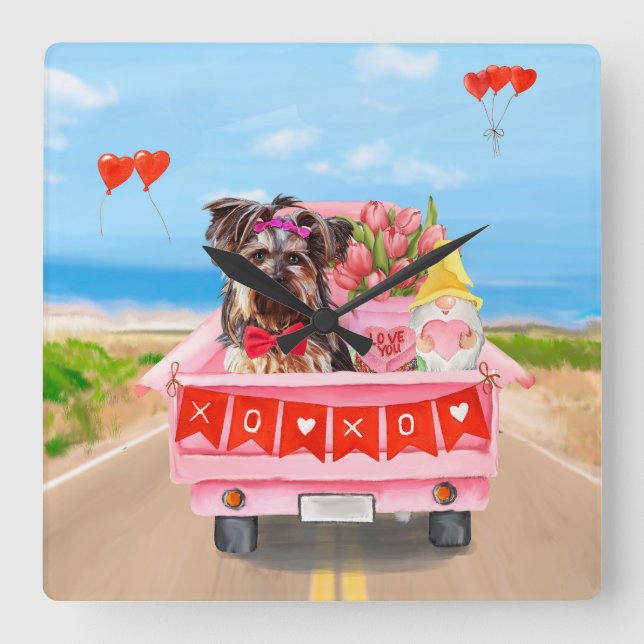 Yorkshire Terrier Dog Valentine's Day Truck Hearts Square Wall Clock (Front)