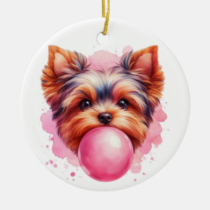 Yorkshire Terrier Dog w Pink Bubblegum Watercolor Ceramic Tree Decoration
