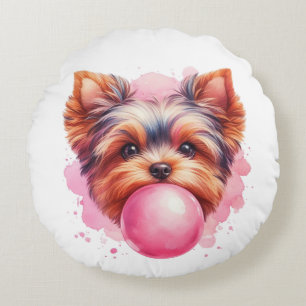 Yorkshire Terrier Dog w Pink Bubblegum Watercolor Round Cushion