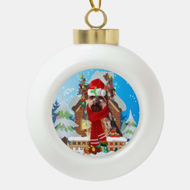 Yorkshire Terrier dog with Christmas gifts Ceramic Ball Christmas Ornament (Front)