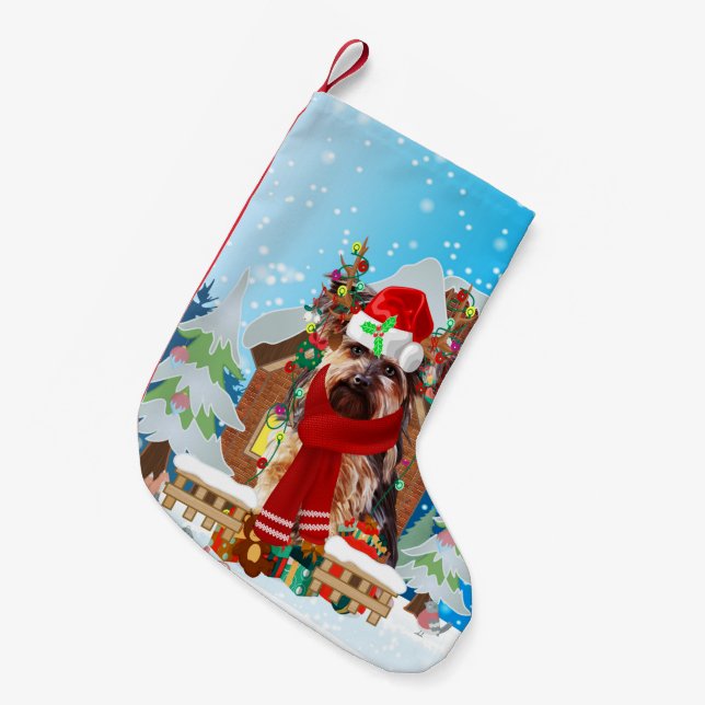 Yorkshire Terrier dog with Christmas gifts Small Christmas Stocking (Front (Hanging))